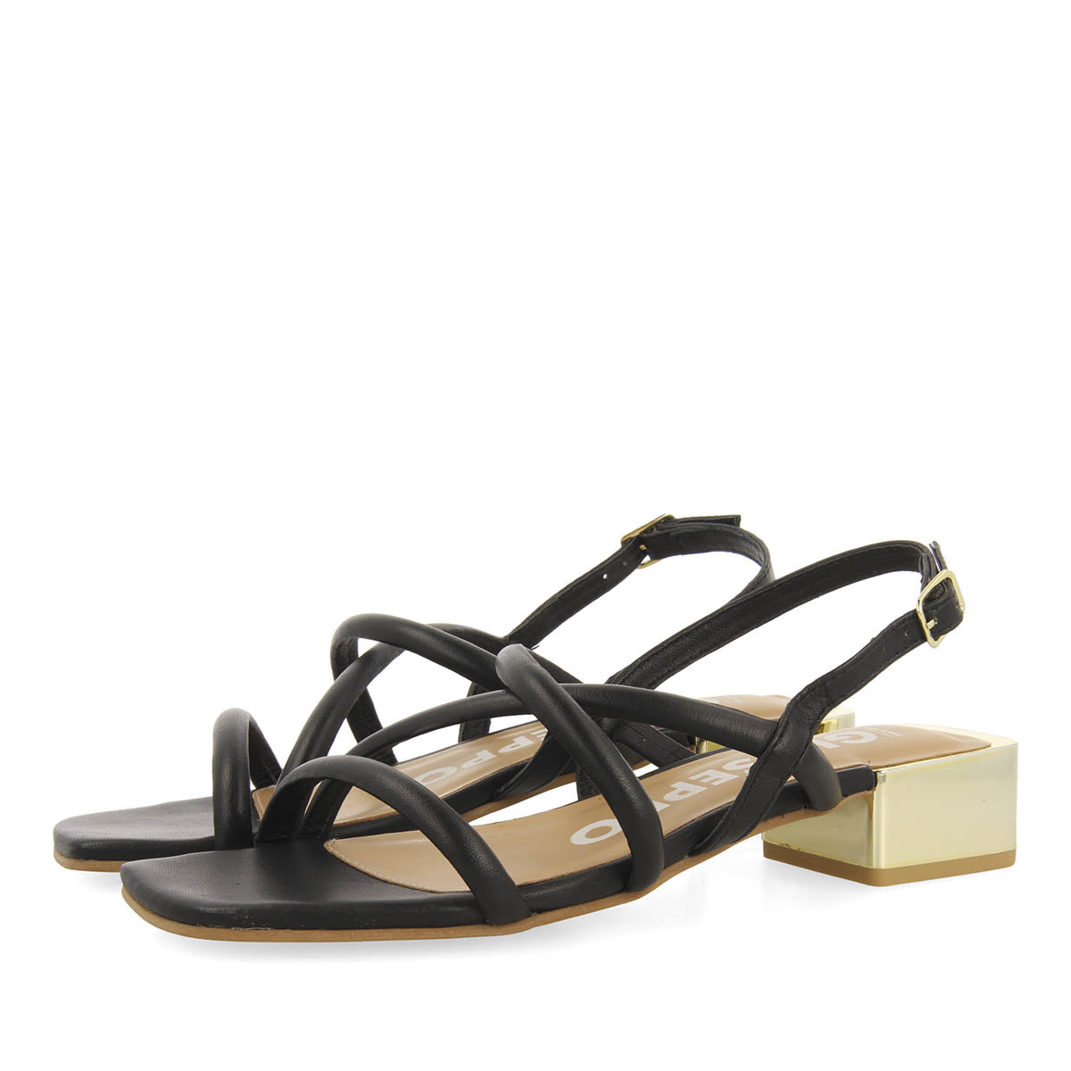 Caloocan women's black leather sandals with metallic heels