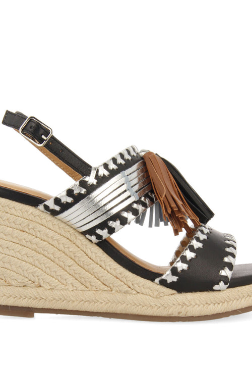 Silvania women's black sandals with decorative stones and jute wedges