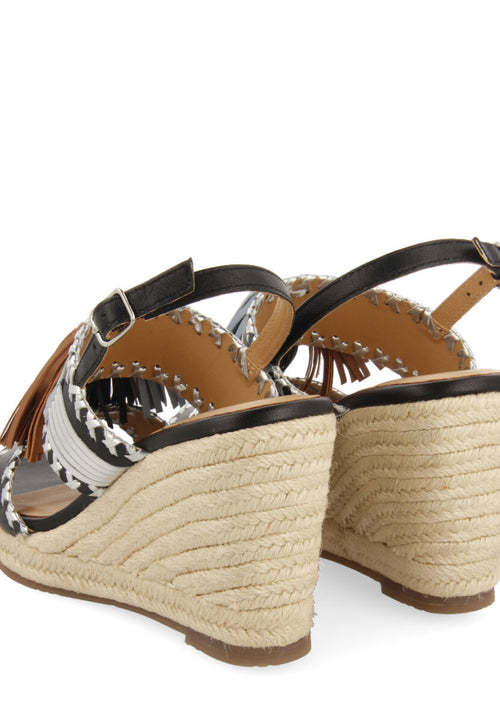 Silvania women's black sandals with decorative stones and jute wedges