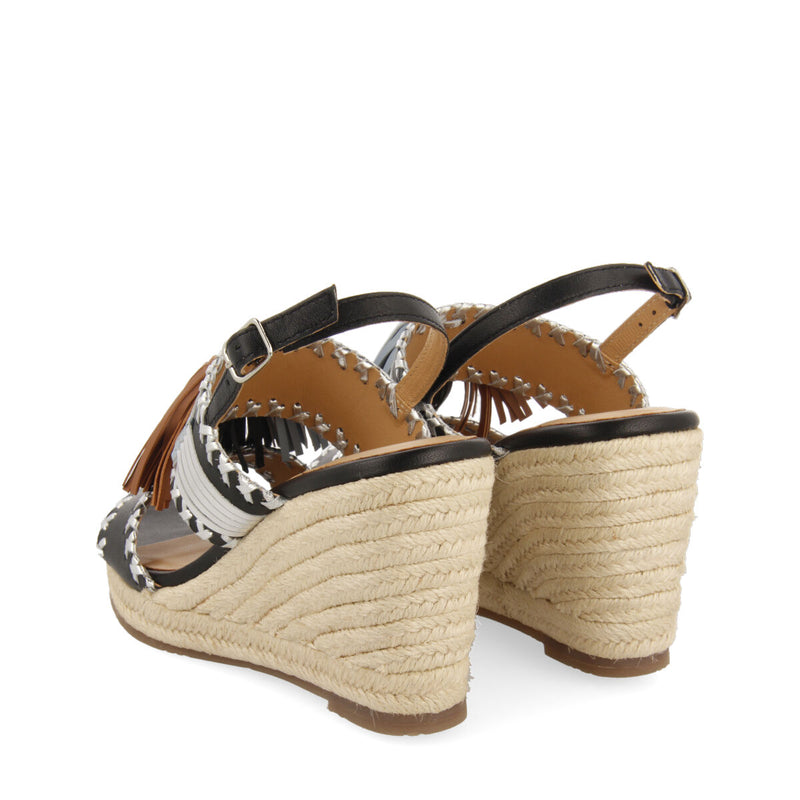 Sandalias negras con detalle de pedrería étnica y cuña de yute para mujer silvania 