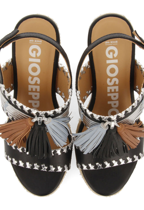 Silvania women's black sandals with decorative stones and jute wedges