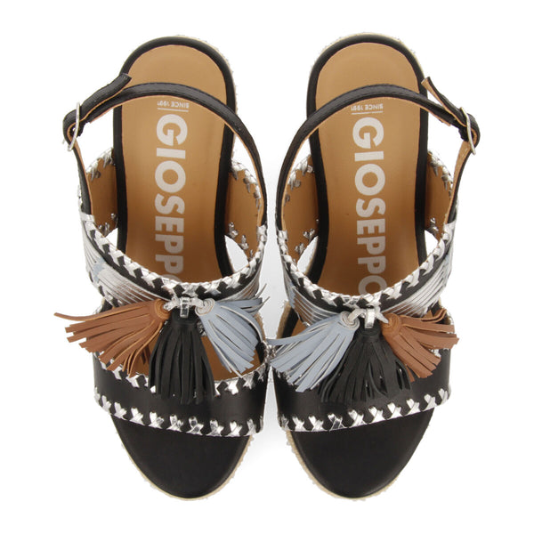 Sandalias negras con detalle de pedrería étnica y cuña de yute para mujer silvania 