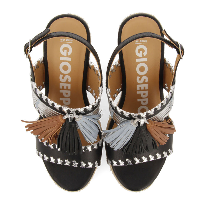 Sandalias negras con detalle de pedrería étnica y cuña de yute para mujer silvania 