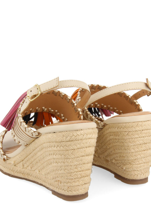 Silvania women's off-white sandals with decorative stones and jute wedges