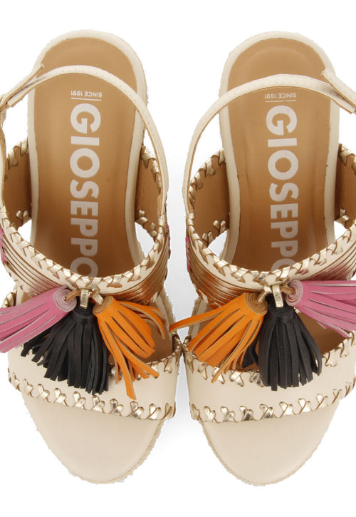 Silvania women's off-white sandals with decorative stones and jute wedges