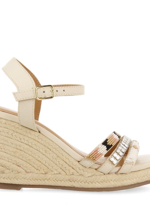 Bacoor women's white sandals with decorative tassels and jute wedges