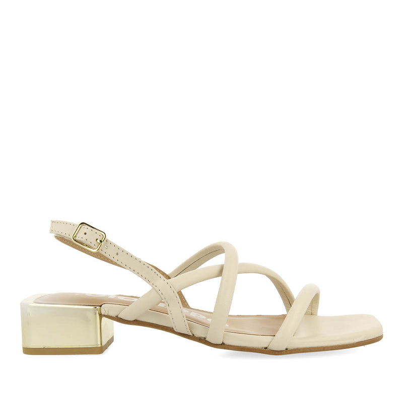 Caloocan women's off-white leather sandals with metallic heels