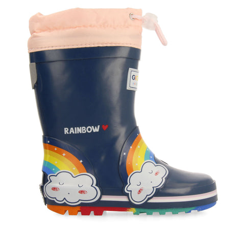 UNKEN CHILDREN'S NAVY BLUE WELLY BOOTS WITH CLOUDS AND RAINBOWS
