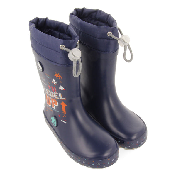 Botas de agua azul marino con estampado de temática gamer para niña y niño gann
