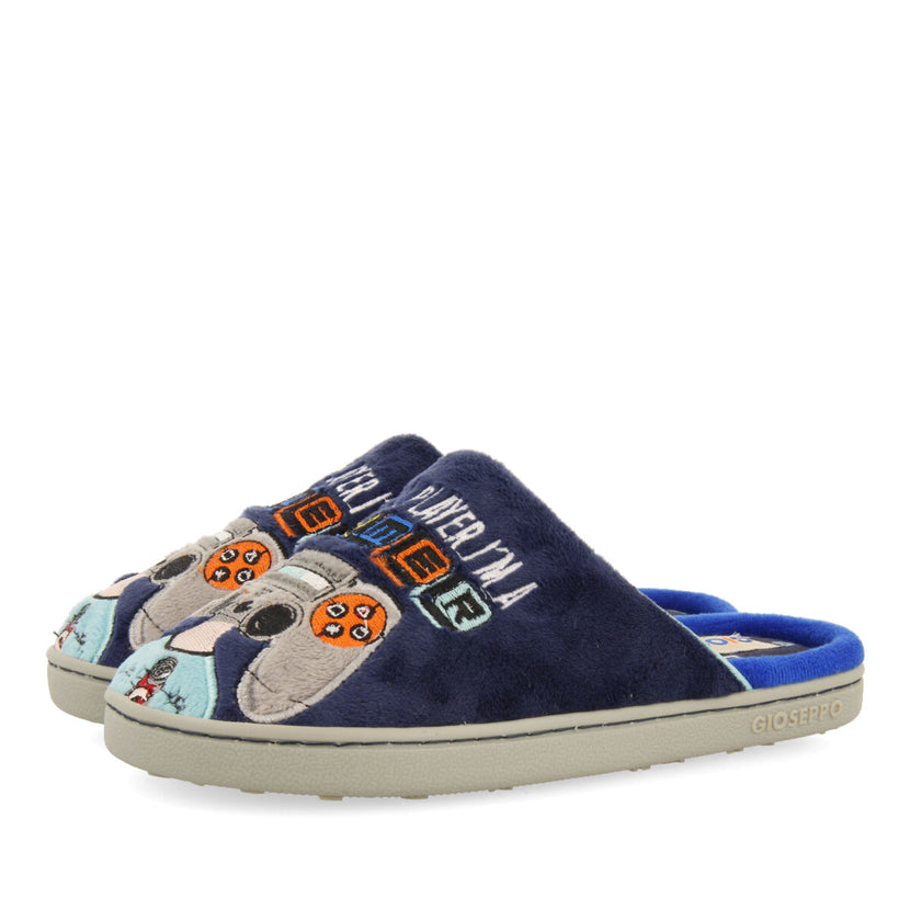Bryne children's navy blue gamer-print backless slippers