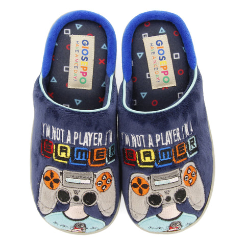 BRYNE CHILDREN'S NAVY BLUE GAMER-PRINT BACKLESS SLIPPERS