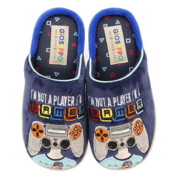 Bryne children's navy blue gamer-print backless slippers
