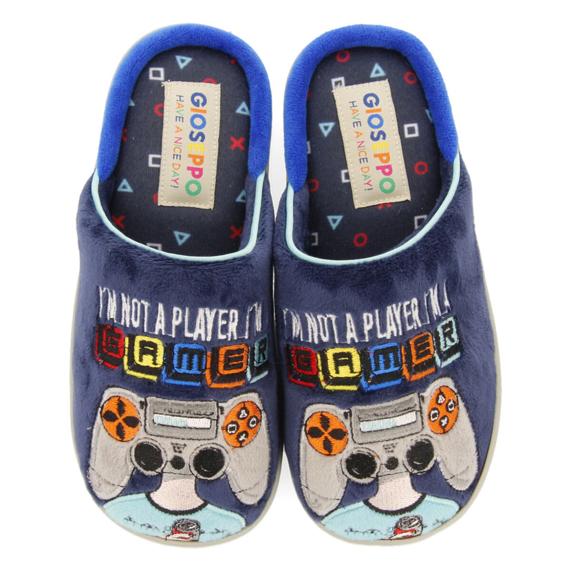 Bryne children's navy blue gamer-print backless slippers