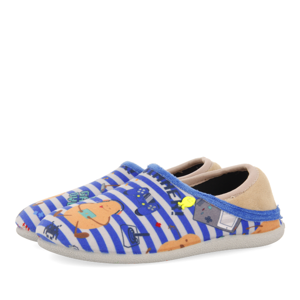 Pantofola da casa per bambini a righe blu con stampa di patatine Allerod