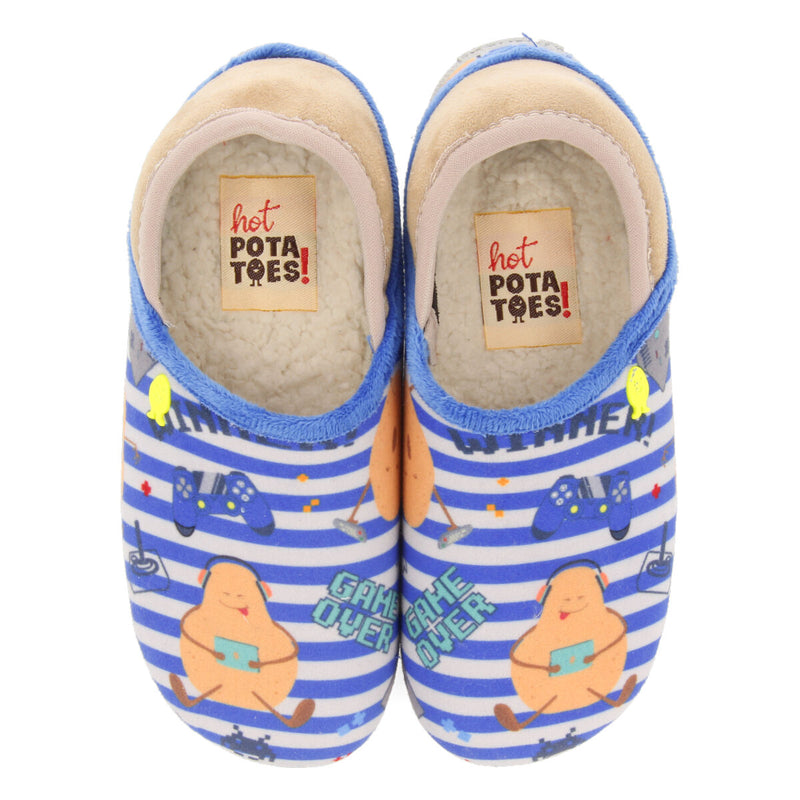 Pantofola da casa per bambini a righe blu con stampa di patatine Allerod