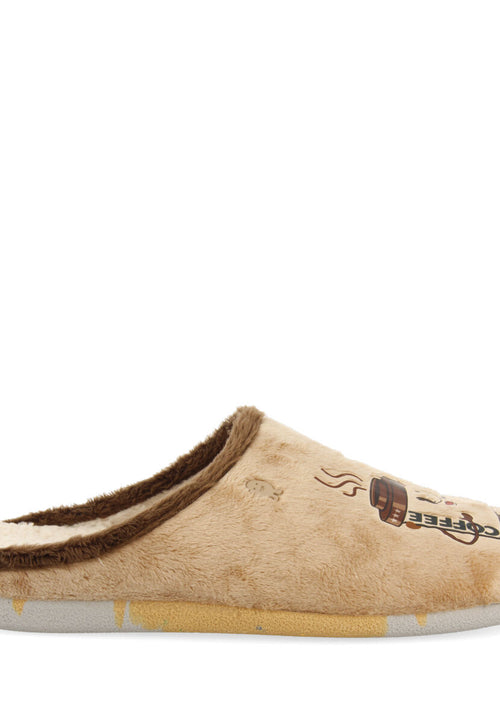 Zapatillas de estar por casa de pelo beige con patatilla con mensaje golspie 