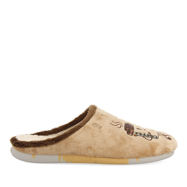 Zapatillas de estar por casa de pelo beige con patatilla con mensaje golspie 