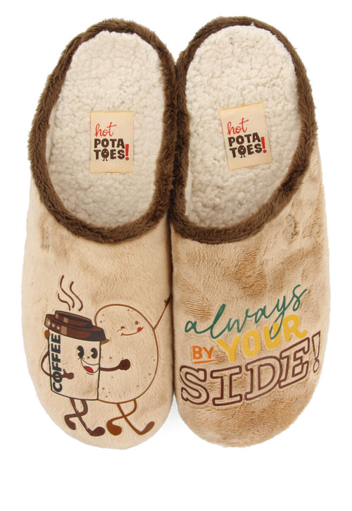 Zapatillas de estar por casa de pelo beige con patatilla con mensaje golspie 