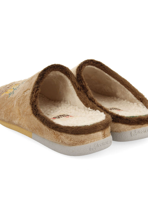 Zapatillas de estar por casa de pelo beige con patatilla con mensaje golspie 