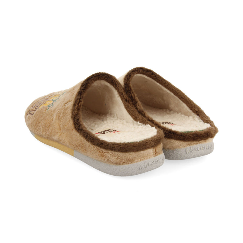 Zapatillas de estar por casa de pelo beige con patatilla con mensaje golspie 