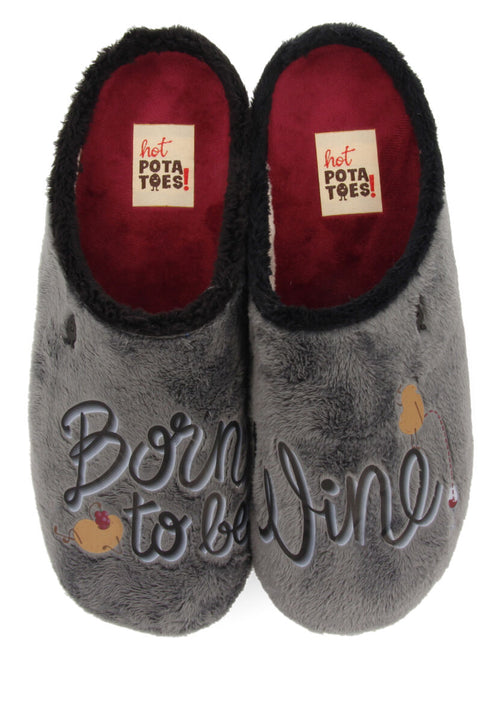 Zapatillas de estar por casa de pelo gris con patatilla con mensaje hardegg 