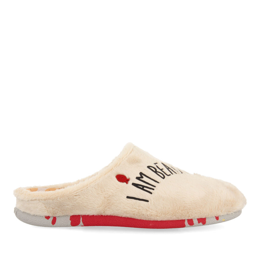 Zapatillas de estar por casa de pelo beig con mensaje Raften