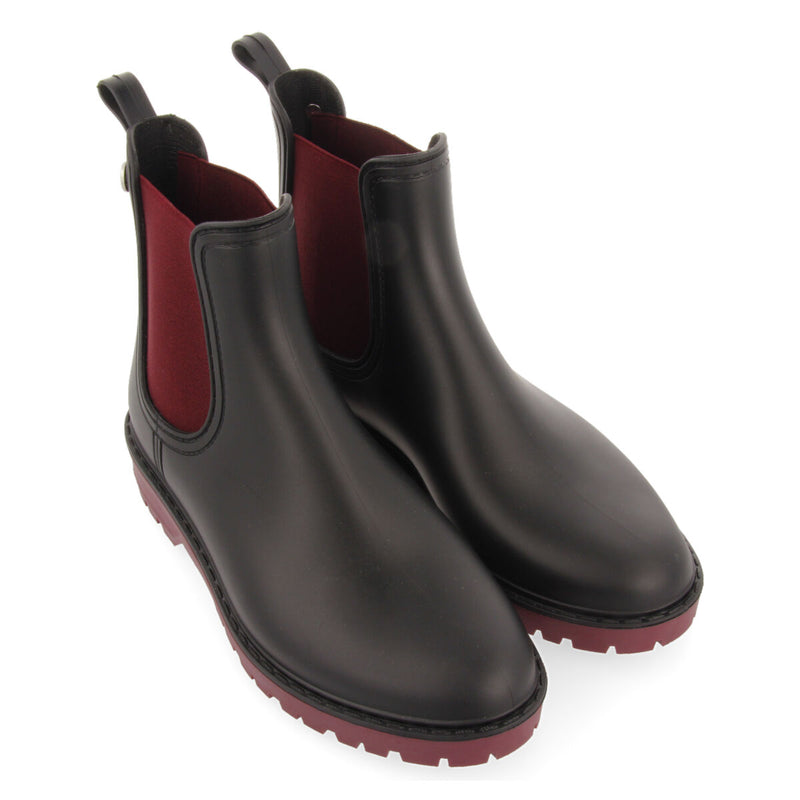 Ramberg women's short black chelsea-style welly boots with burgundy details