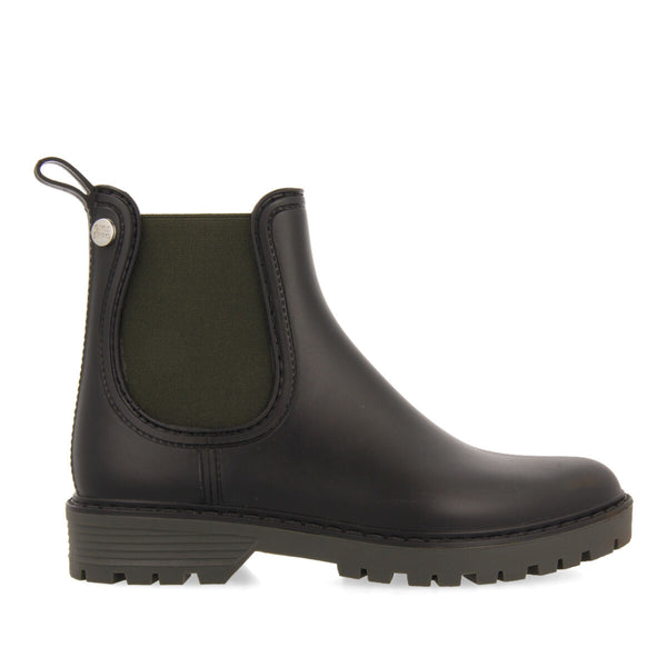 Ramberg women's short black chelsea-style welly boots with khaki details