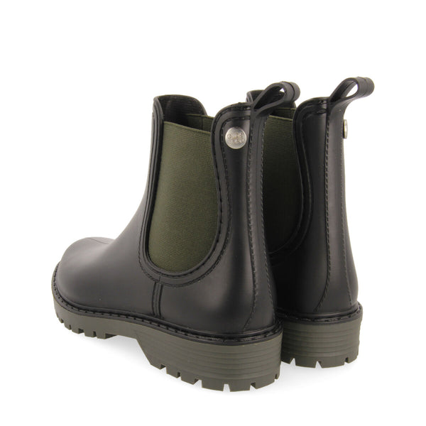 Ramberg women's short black chelsea-style welly boots with khaki details