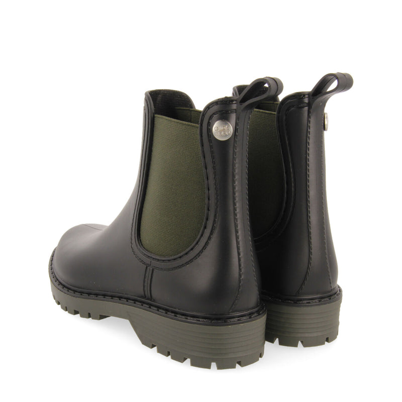Ramberg women's short black chelsea-style welly boots with khaki details