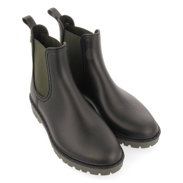 Ramberg women's short black chelsea-style welly boots with khaki details
