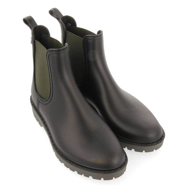 Ramberg women's short black chelsea-style welly boots with khaki details