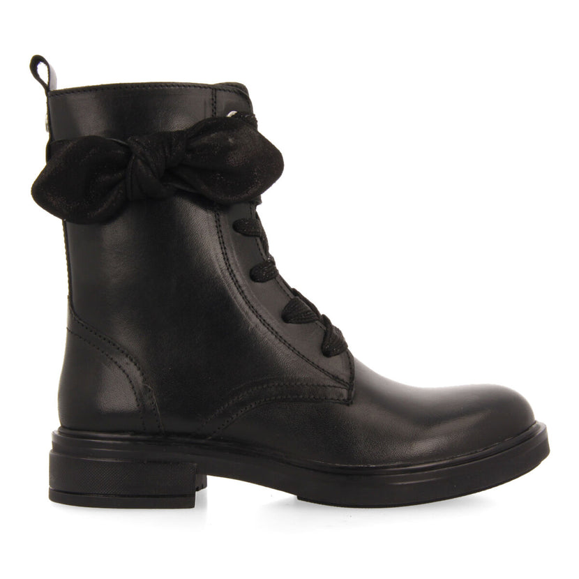 Botines negros de piel con cordones y adorno de lazo para niña y niño vian