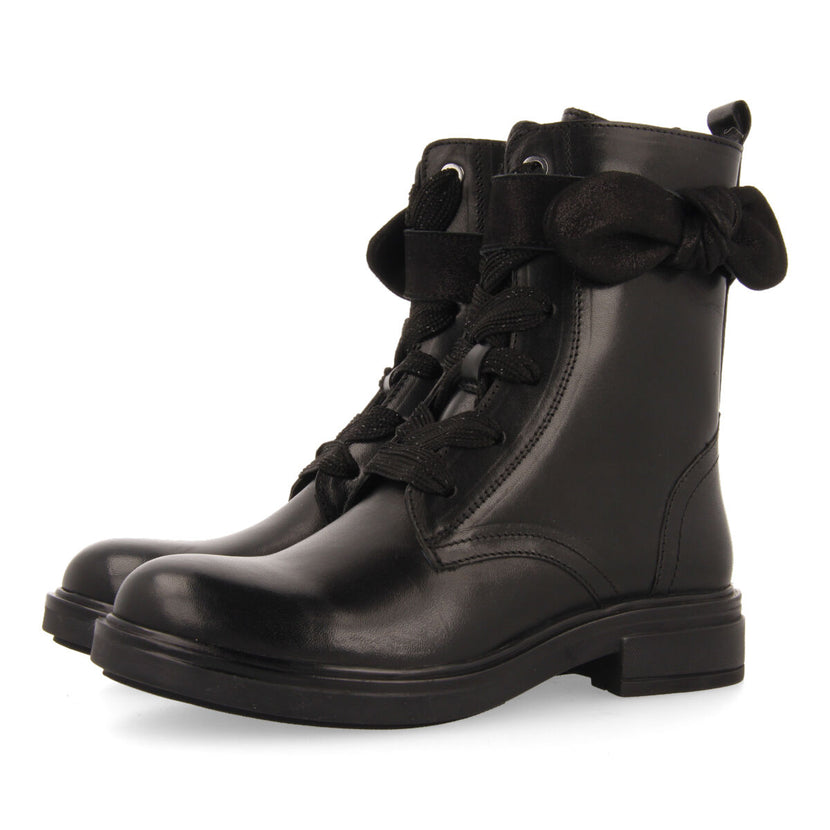 Botines negros de piel con cordones y adorno de lazo para niña y niño vian