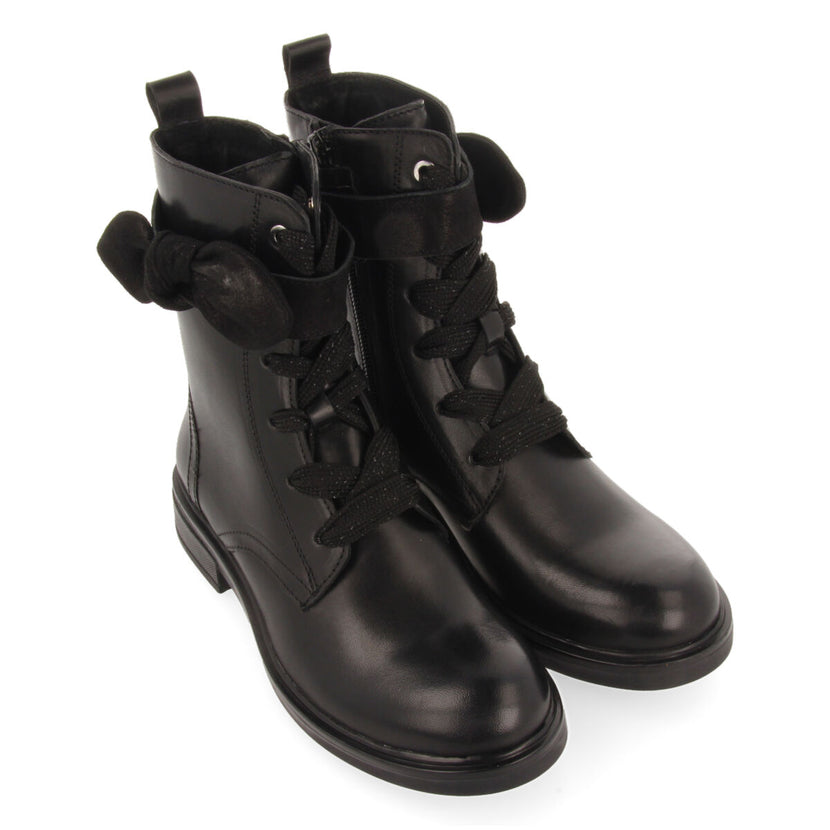 Botines negros de piel con cordones y adorno de lazo para niña y niño vian