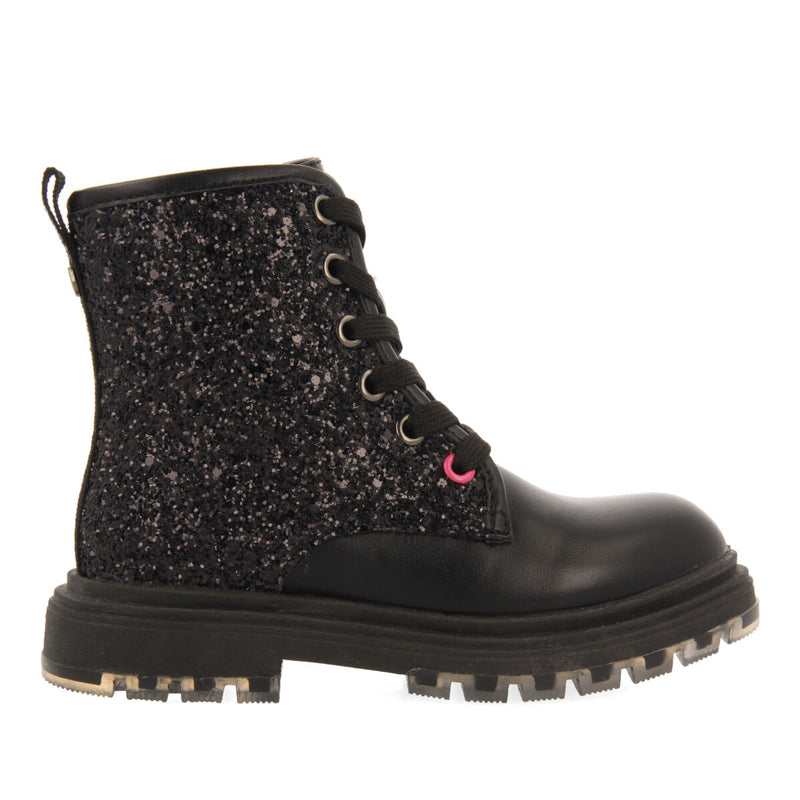 Nisland children's glittery black lace-up ankle boots