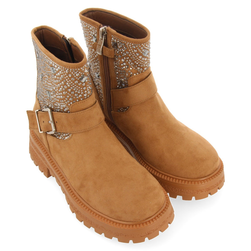 Botines camel estilo biker con pedrería para niña y niño sandl