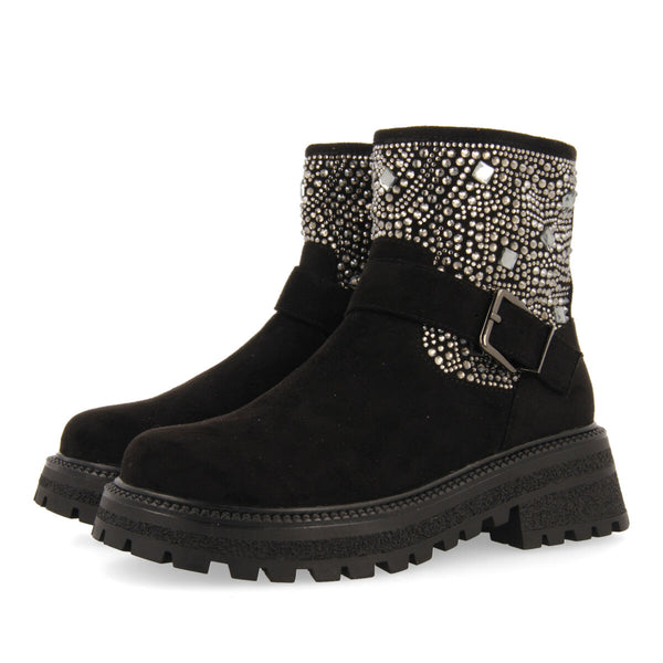 Botines negros estilo biker con pedrería para niña y niño sandl