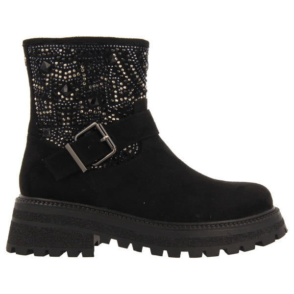 Botines negros estilo biker con pedrería para niña y niño sandl