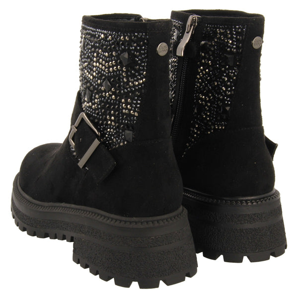 Botines negros estilo biker con pedrería para niña y niño sandl