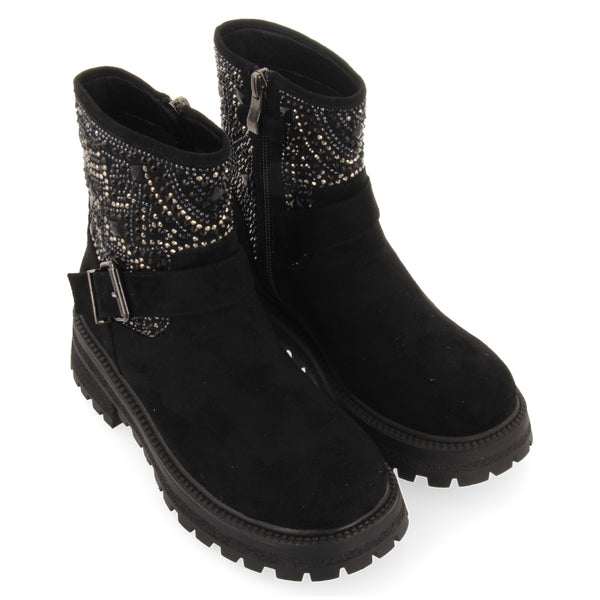 Botines negros estilo biker con pedrería para niña y niño sandl