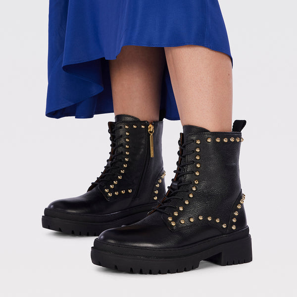 Fairfax women's black leather lace-up ankle boots with studs