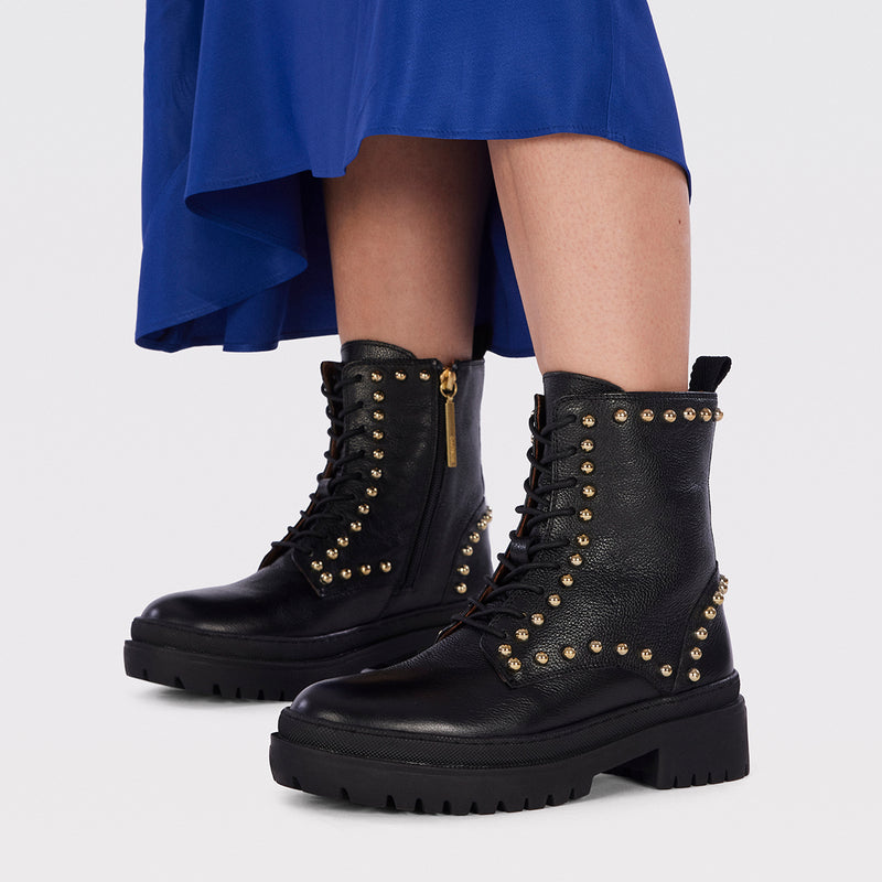 Fairfax women's black leather lace-up ankle boots with studs