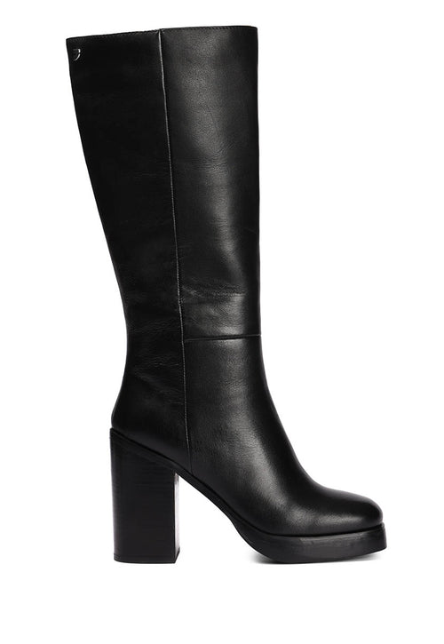 Tarnet women's knee-high coffee-coloured leather boots with wide heels and platforms
