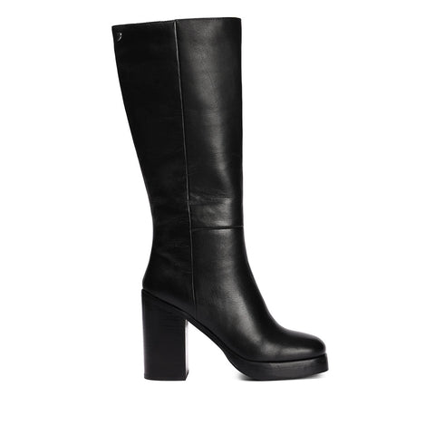 BOTA ALTA EN PIEL COLOR MOKA CON PLATAFORMA Y TACÓN ANCHO PARA MUJER TARNET