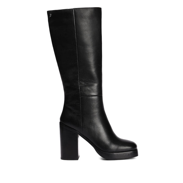 Bota alta en piel color moka con plataforma y tacón ancho para mujer tarnet