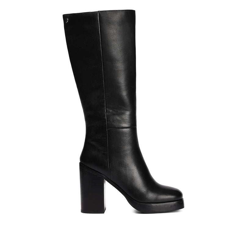 Bota alta en piel color moka con plataforma y tacón ancho para mujer tarnet