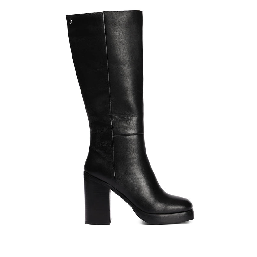 Bota alta en piel color moka con plataforma y tacón ancho para mujer tarnet