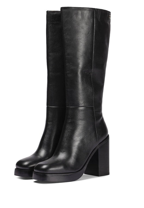 Tarnet women's knee-high coffee-coloured leather boots with wide heels and platforms