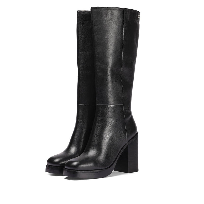 Bota alta en piel color moka con plataforma y tacón ancho para mujer tarnet